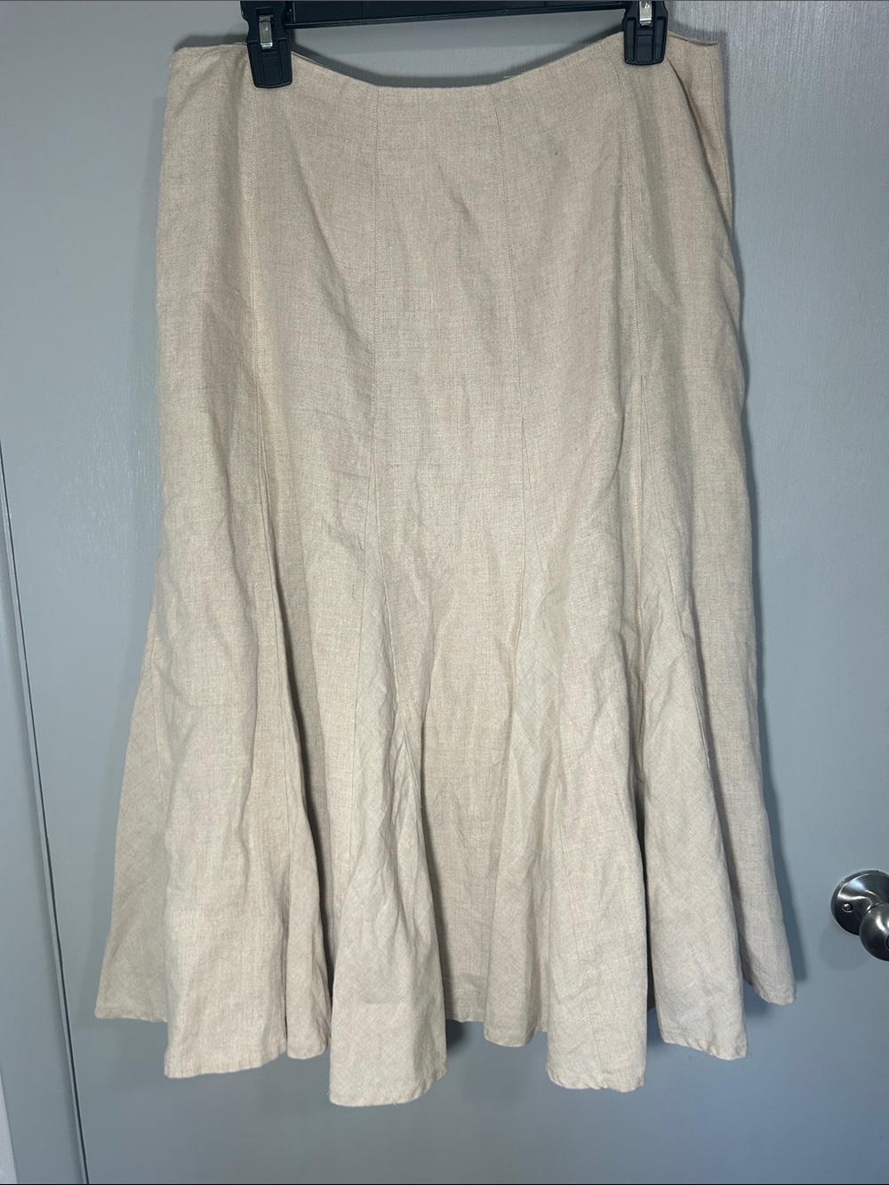Liz Claiborne Beige Linen Paneled Midi Skirt Flounce Hem Lined Size 12 Boho - Picture 3 of 10